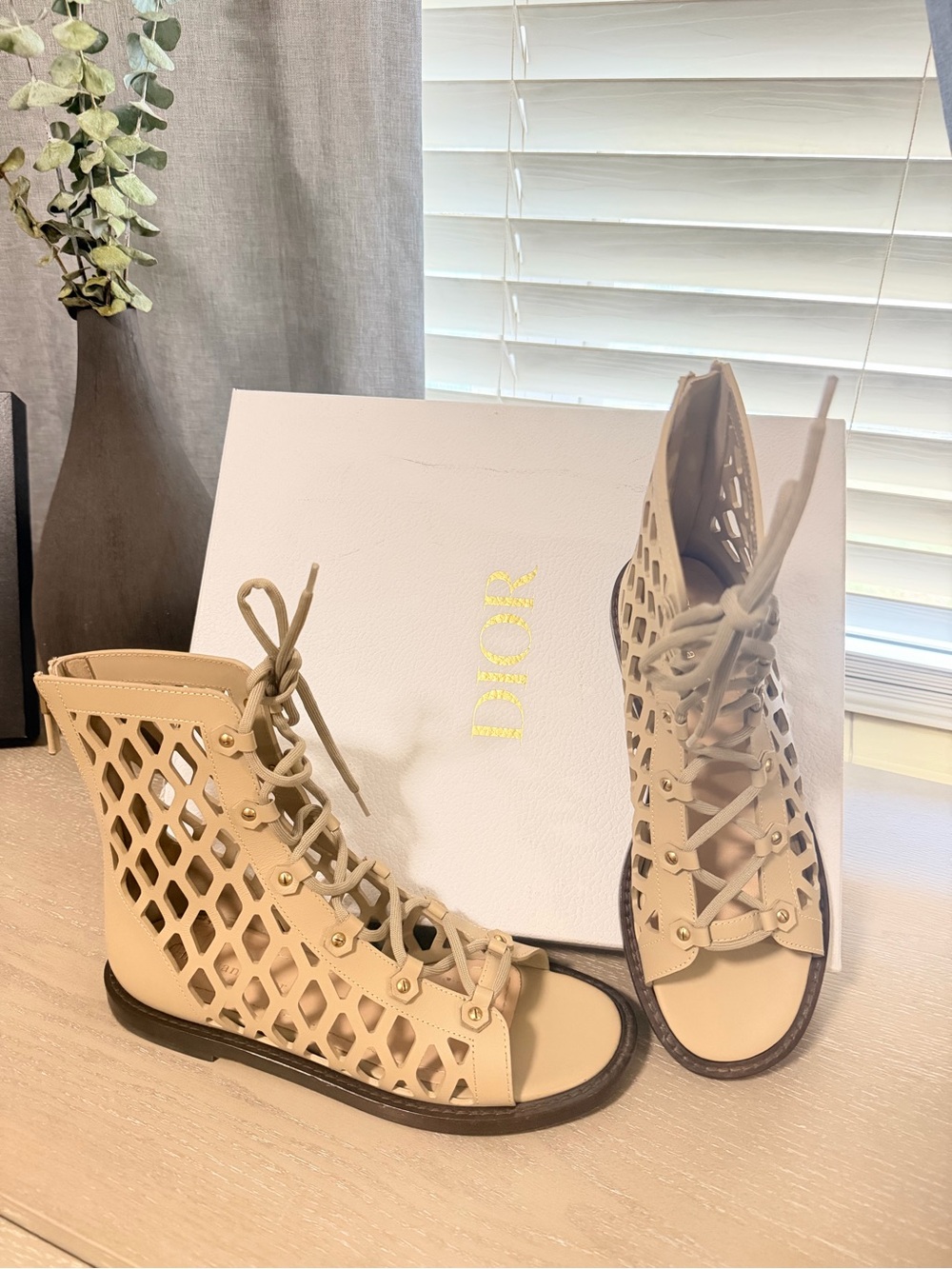 Dior Beige Laser-Cut Lace-Up Gladiator Sandals